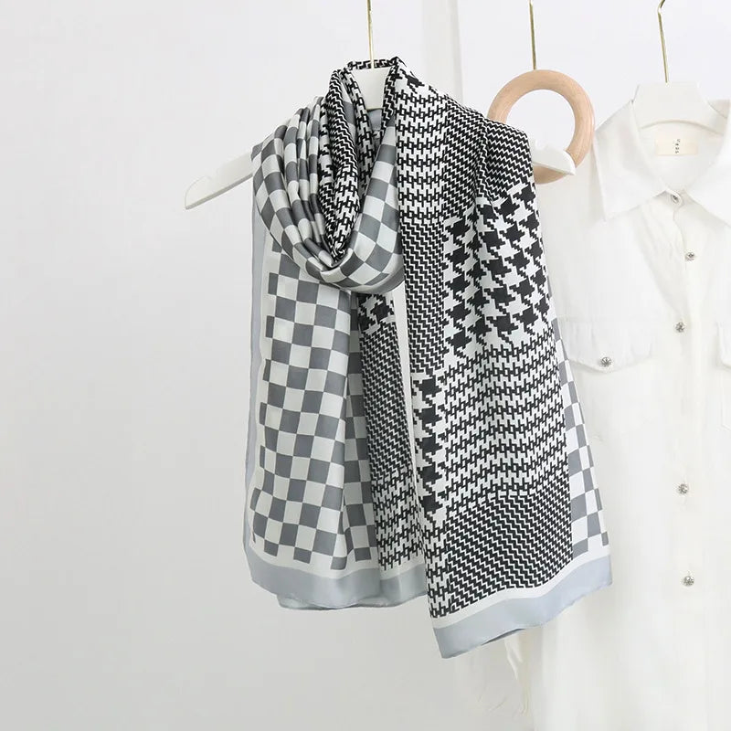 women's fashion letter plaid satin printing silk scarves