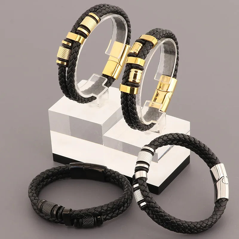 retro geometric pu leather titanium steel knitting plating men's wristband