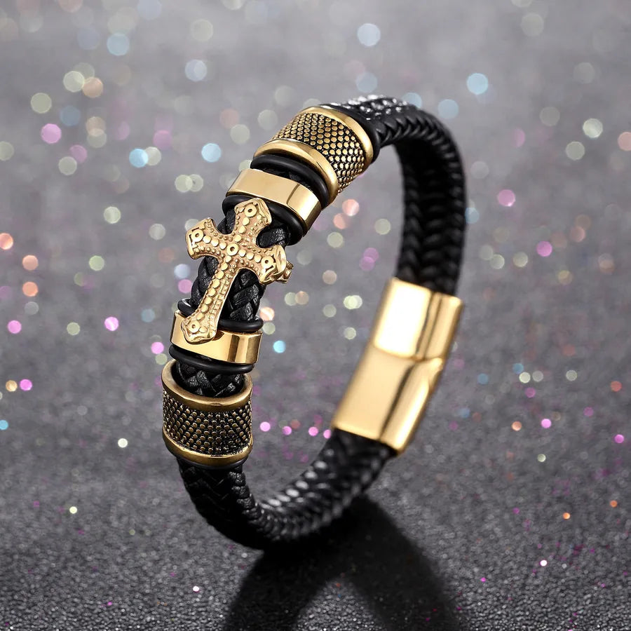 classic style cross pu leather alloy plating men's bangle