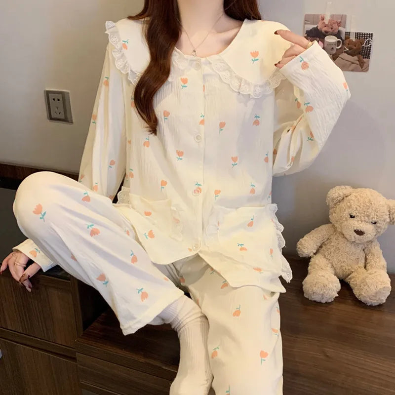 Sweet Cherry Cloud Cotton Long Sleeve Spring Home Clothes Set For Girls Comfortable Breathable Sleepwear Casual Style