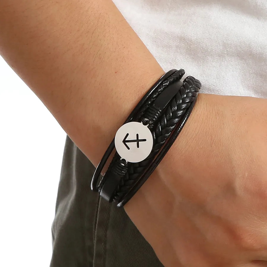 Simple Style Constellation 316 Stainless Steel  Pu Leather Layered Men's Bangle