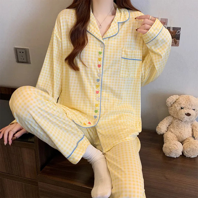 Sweet Heart Plaid Long Sleeve Sleepwear Set Women's Home Clothes Spring Autumn Season Polyester Milk Silk Thin Breathable Casual
