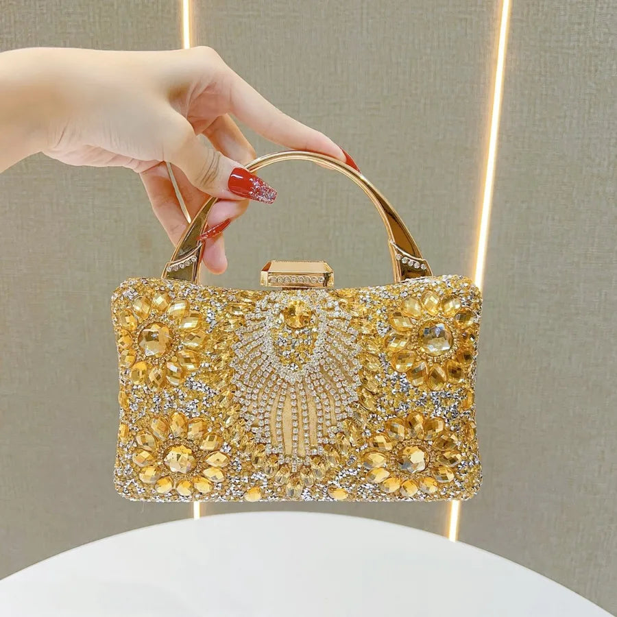 New Heavy Work Diamond Embedded Evening Bag Women's Wedding Banquet Match Cheongsam Handbag Square Shape Single Shoulder Strap