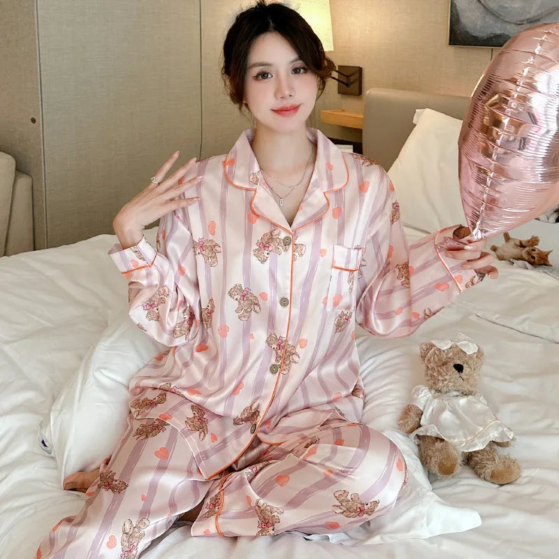 Pure Color Lace Splice Smooth Ice Silk Sleepwear Set Women Long Sleeve Long Pants Two Piece Set High-End Sensation Home Clothes