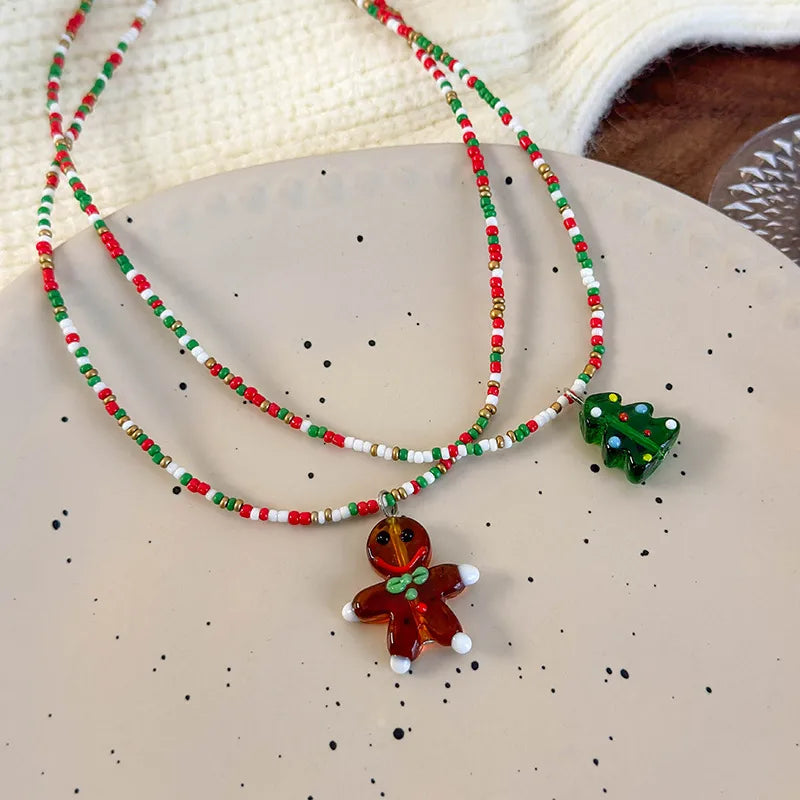 Sweet Christmas Atmosphere Necklace Cute Cartoon Colorful Beads Christmas Tree Gingerbread Man Beads Clavicle Chain Resin Material