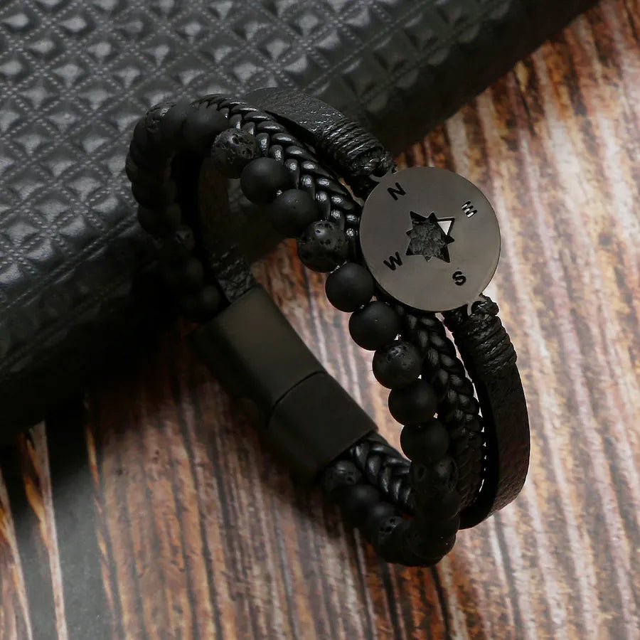 Casual Simple Style Compass Stainless Steel Pu Leather Men's Bangle