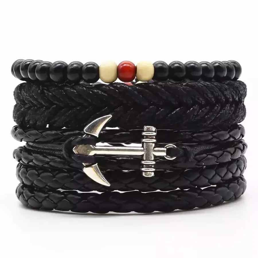 Exclusive for  Four-Piece Card Woven Bracelet Leather Bracelet Multi-Layer Suit Electroplated Black Retro Ornament Men's