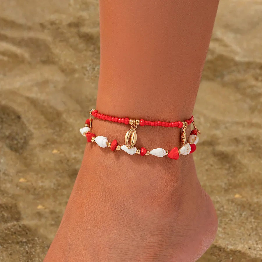 Europe and the United States  jewelry leisure wind beach disc rice beads foot ring 3 piece set water drop coin acrylic foot chain