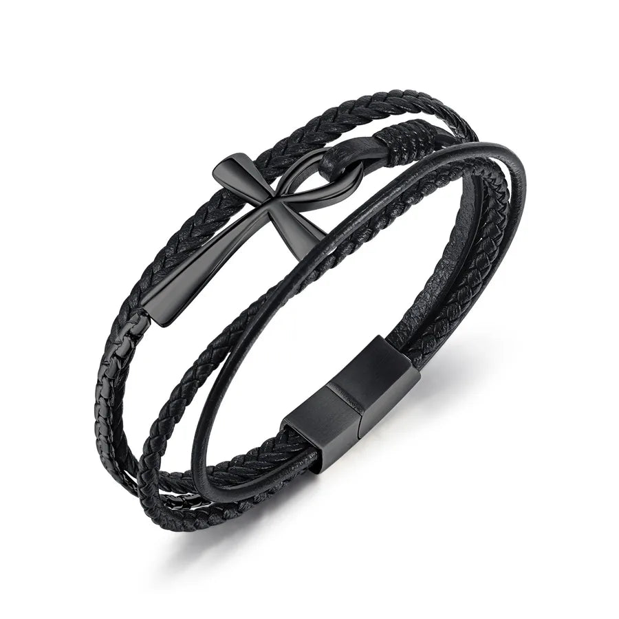 Hip-Hop Retro Cross Pu Leather Men's Bangle