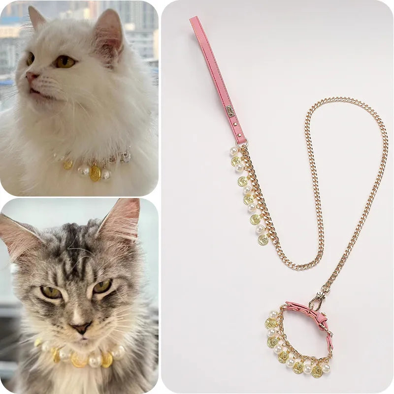 1 Piece All Seasons Elegant Cute Pu Leather Pearl Leash Pet Collar