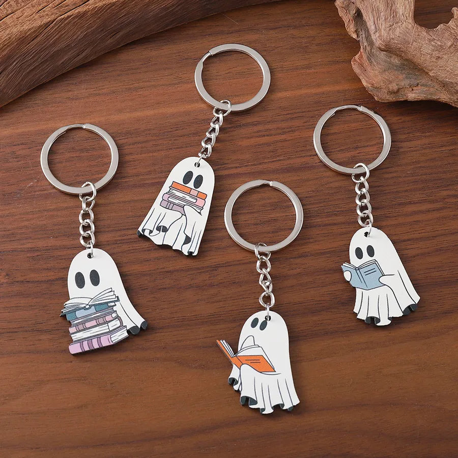 Wooden Halloween Ghost Keychain Pendants Cartoon Style Book Theme Hanging Ornaments Gifts For Party Decorations