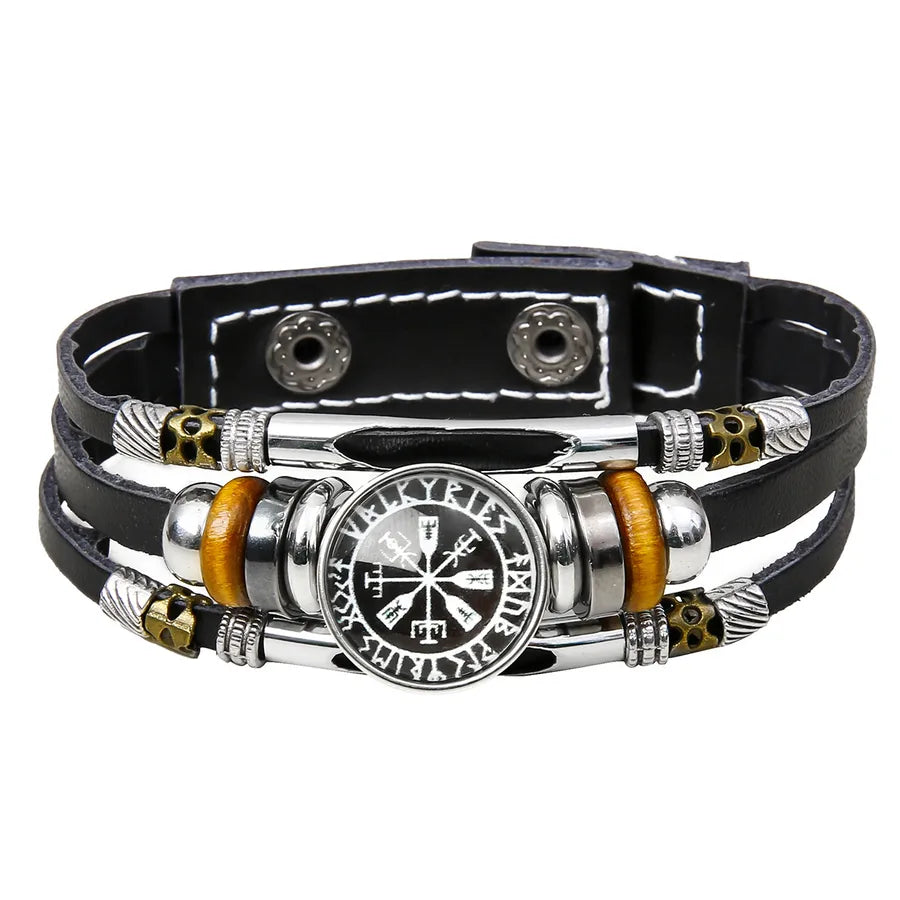Hot Sale Viking Pirate Compass Pattern Leather Bracelet   Retro Multi-Layer Beaded Bracelet