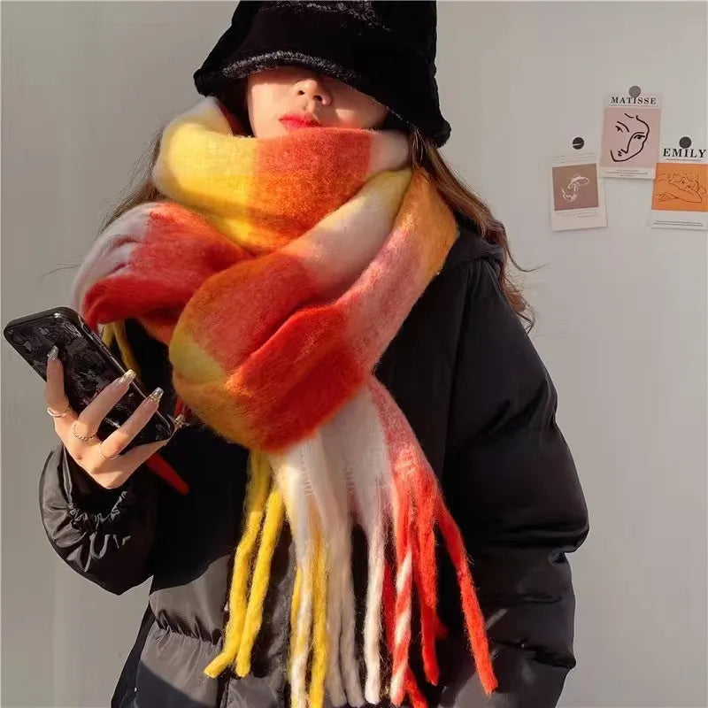 women's simple style lattice imitation cashmere tassel scarf