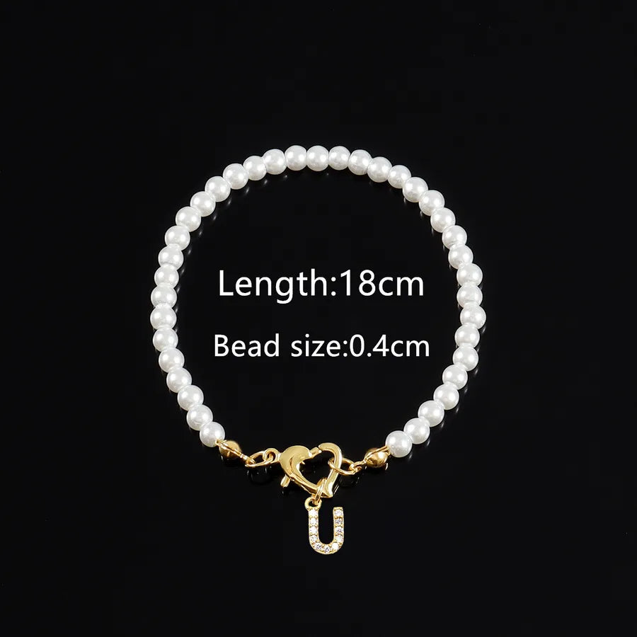 Elegant Classic Style Letter Heart Shape Zircon Artificial Pearl Copper Beaded Chain Beaded Bracelets Wholesale