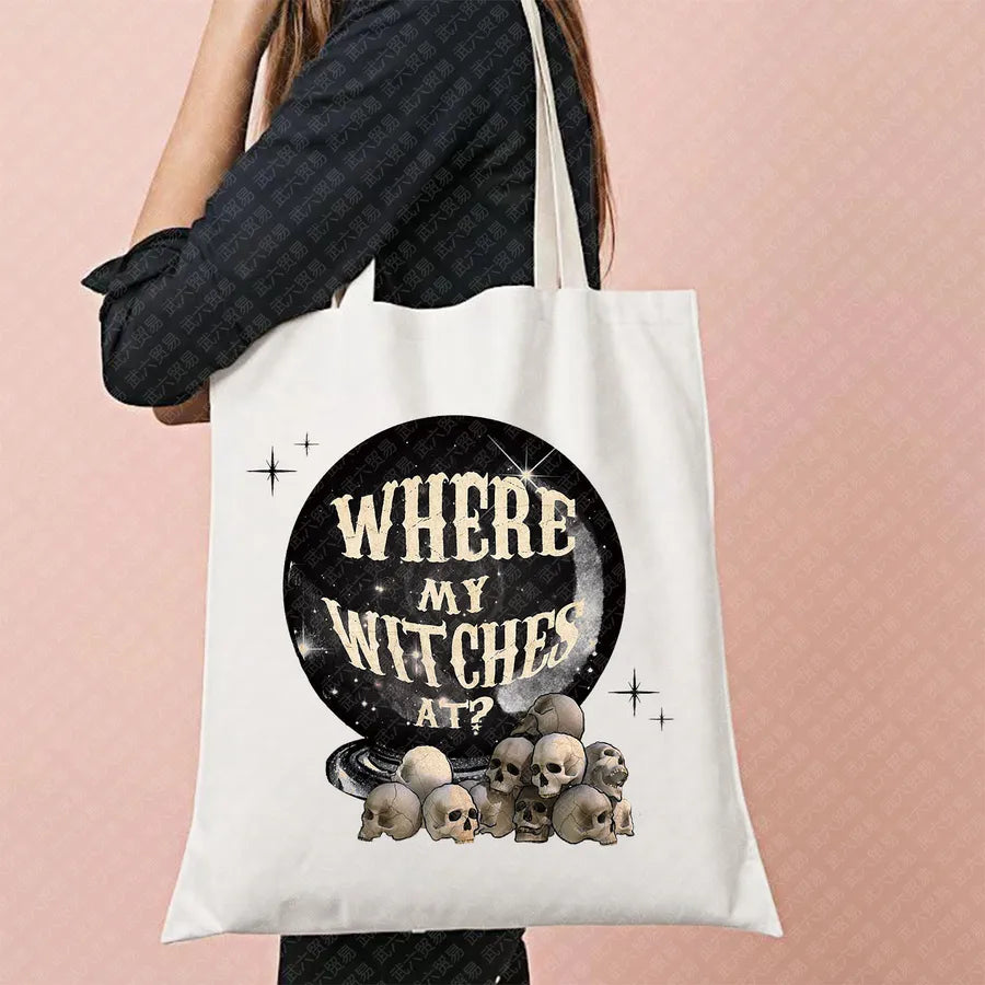 Halloween Movie Pattern Canvas Tote Bag Reusable Shopping Shoulder Bag Travel Large Square Printed Handbag Retro Style Women