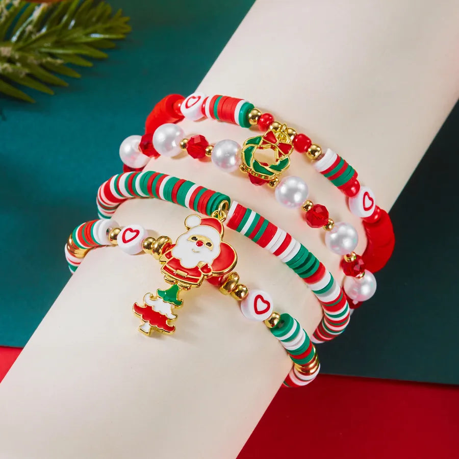 Christmas Themed Bracelet Set Snowflake Santa Pendant Elastic Rope Chain Adjustable Clasp Soft Ceramics Alloy Festive Jewelry