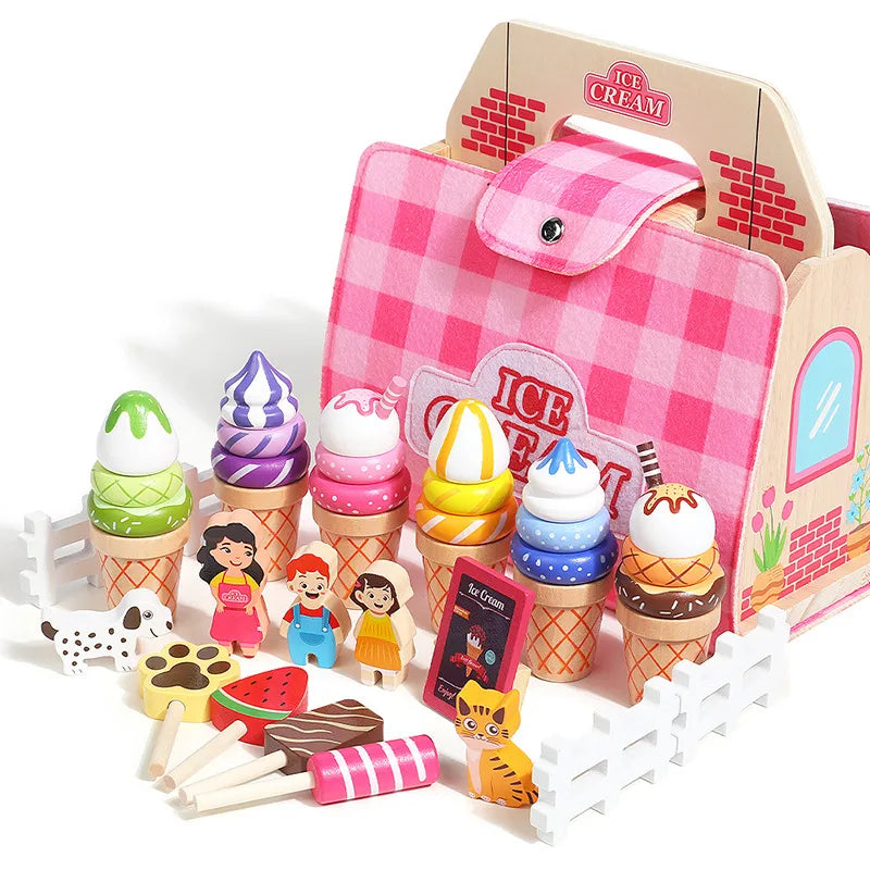 Children's Wooden Afternoon Tea Ice Cream Dessert Simulation Tea Set Handheld Box Baby House Role Play Educational Toys