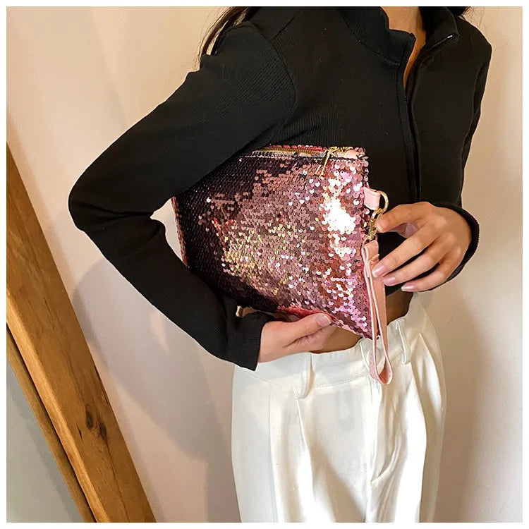 Women's Sequin Solid Color Elegant Square Zipper Clutch Bag