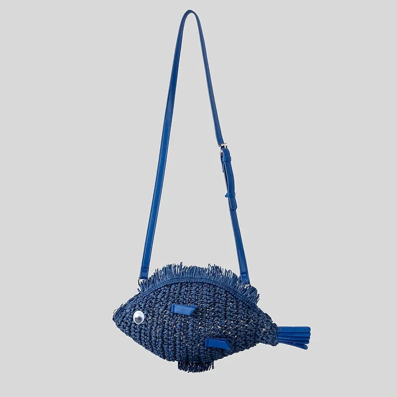 Women's Straw Color Block Fish Vacation Beach Weave Oval Zipper Straw Bag