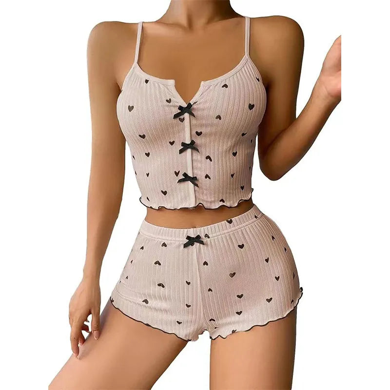 New Product Heart-shaped Printed Contrast Home Clothes Front Split Sling Pajamas suit