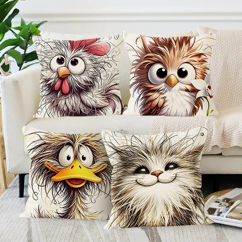 Funny Bird Print Linen Pillowcase New Style Office Cushion Cover Simple Cartoon Design Eco-Friendly Linen Material