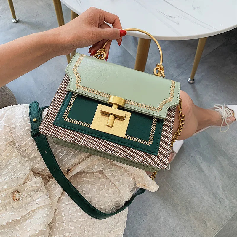 women's small pu leather color block fashion square lock clasp handbag