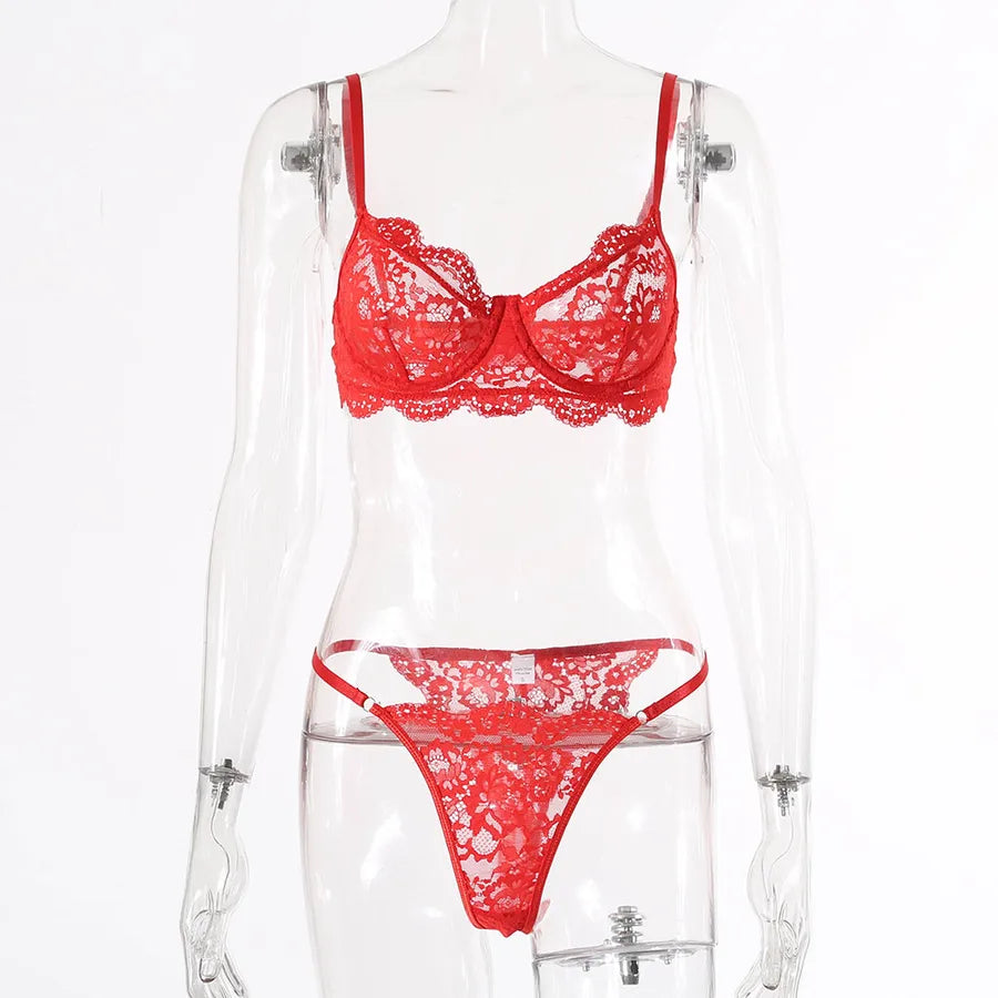 solid color underwire bra sexy lace hollow out mid waist thong sexy lingerie