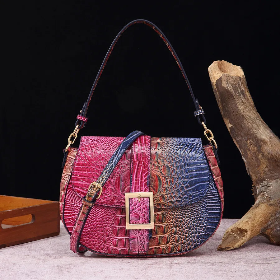 Women's Medium Pu Leather Crocodile Elegant Vintage Style Oval Buckle Crossbody Bag