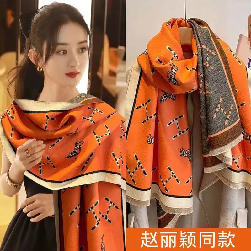 women's retro color block imitation cashmere printing scarf