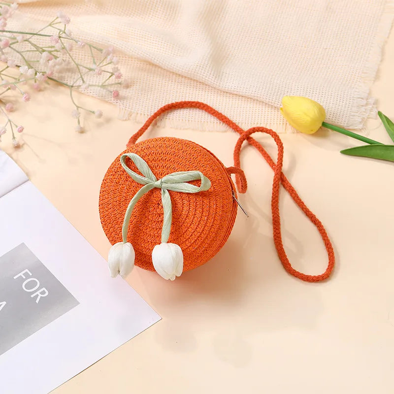 Summer Beach Seaside Tulip Straw Woven Bag  New Children Flower Straw Bag Mobile Phone Crossbody Bag