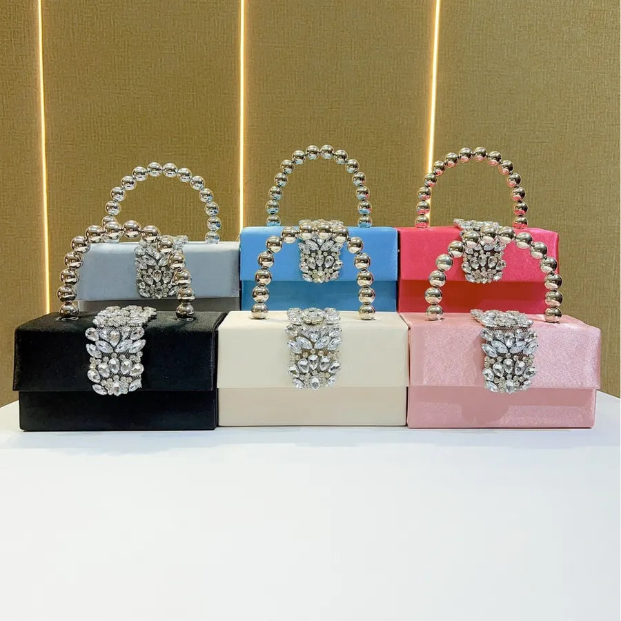 Shiny French Style Silk Satin Surface Pearl Box Handbag Women's Crossbody Bag For Party Elegant Fashionable Square Bag