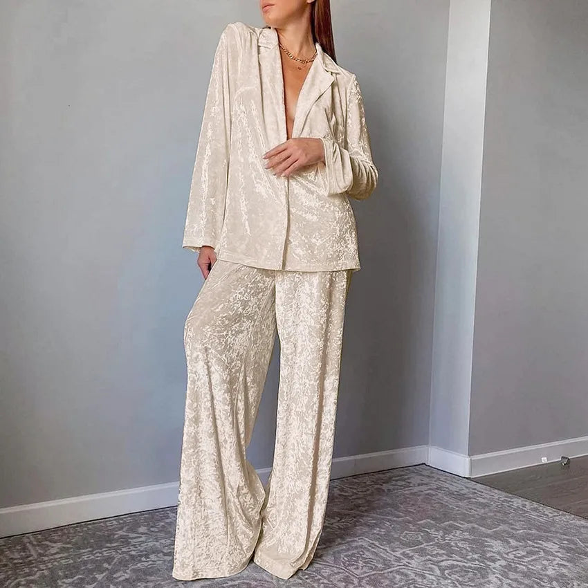 Home Outdoor Women's Luxurious Solid Color Polyester Fleece Pants Sets Pajama Sets