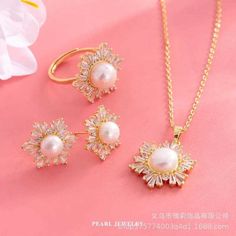 Elegant Glam Snowflake Freshwater Pearl Copper Zircon Rings Earrings Necklace In Bulk