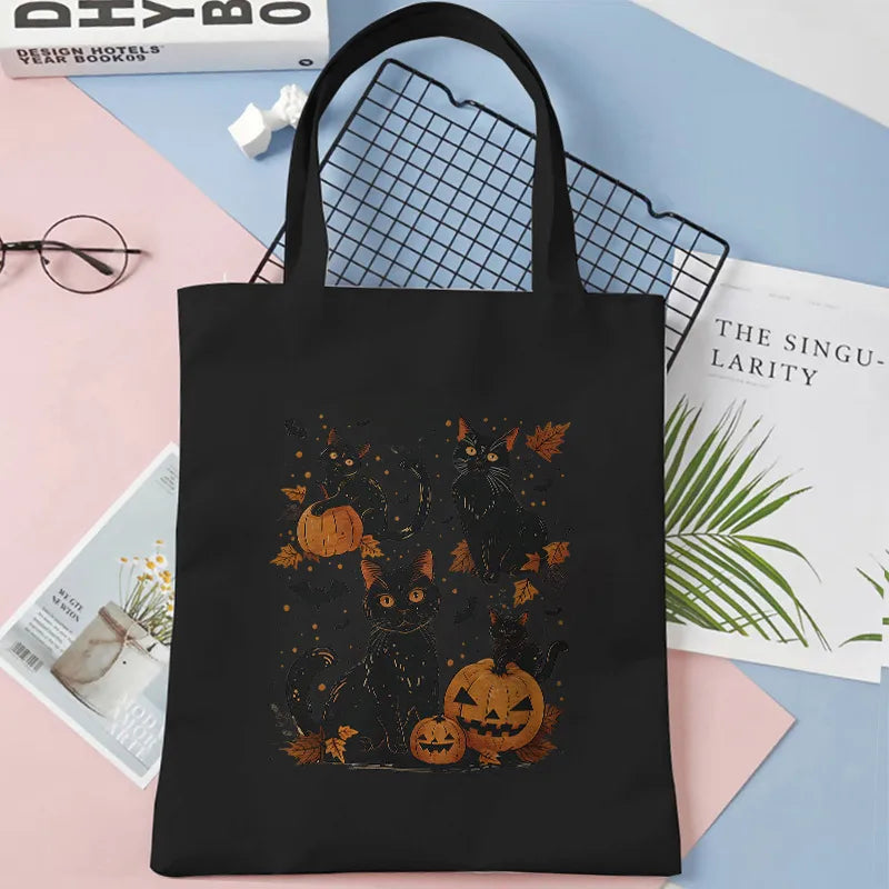 Cute Cat Halloween Party Bag Women Ghost Canvas Tote Bag Harajuku Fashion Shopping Bag Square Shape Large Size Retro Print