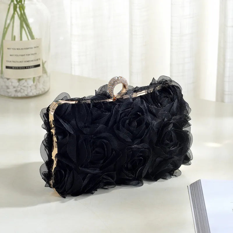 New Rose Flower Shaped Wedding Handbag Fashionable Evening Clutch Bag Nightclub Dress Bag Silk Square Handbag Fresh Sweet Style