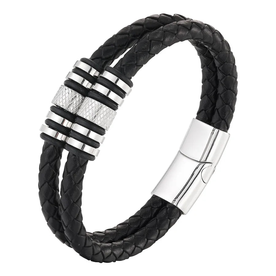 Vintage Style Geometric Pu Leather Titanium Steel Woven Chain Wrap Bracelets Wholesale