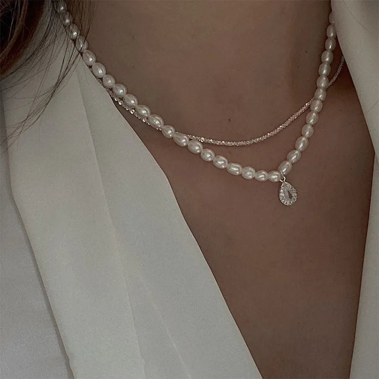 elegant square water droplets freshwater pearl metal inlay zircon necklace