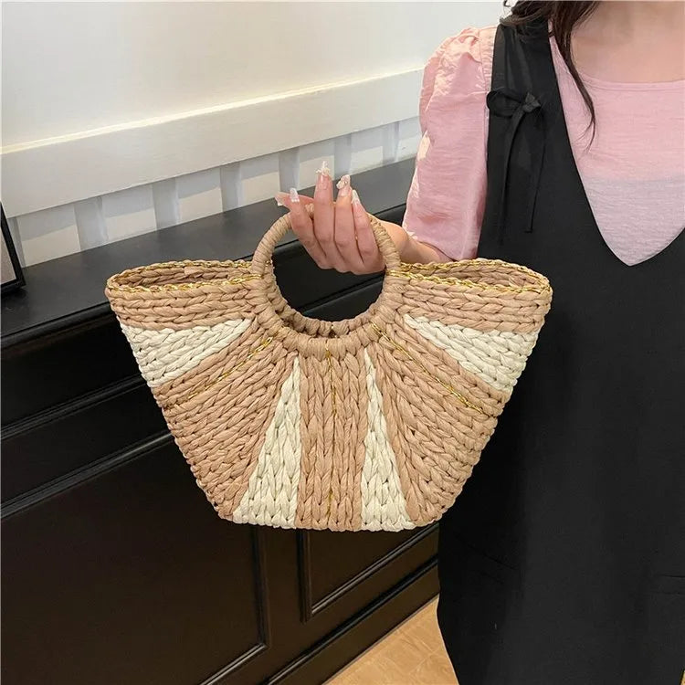 Women's Straw Color Block Vacation Bucket Open Handbag