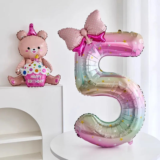 40-Inch Rainbow Star Gradient Colorful Balloons With Bow Knot Set Birthday Party Scene Decorations Digital Number Balloons