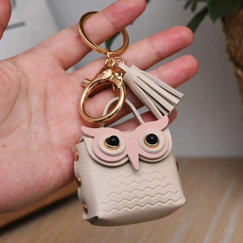 cartoon style owl pu leather metal unisex bag pendant keychain