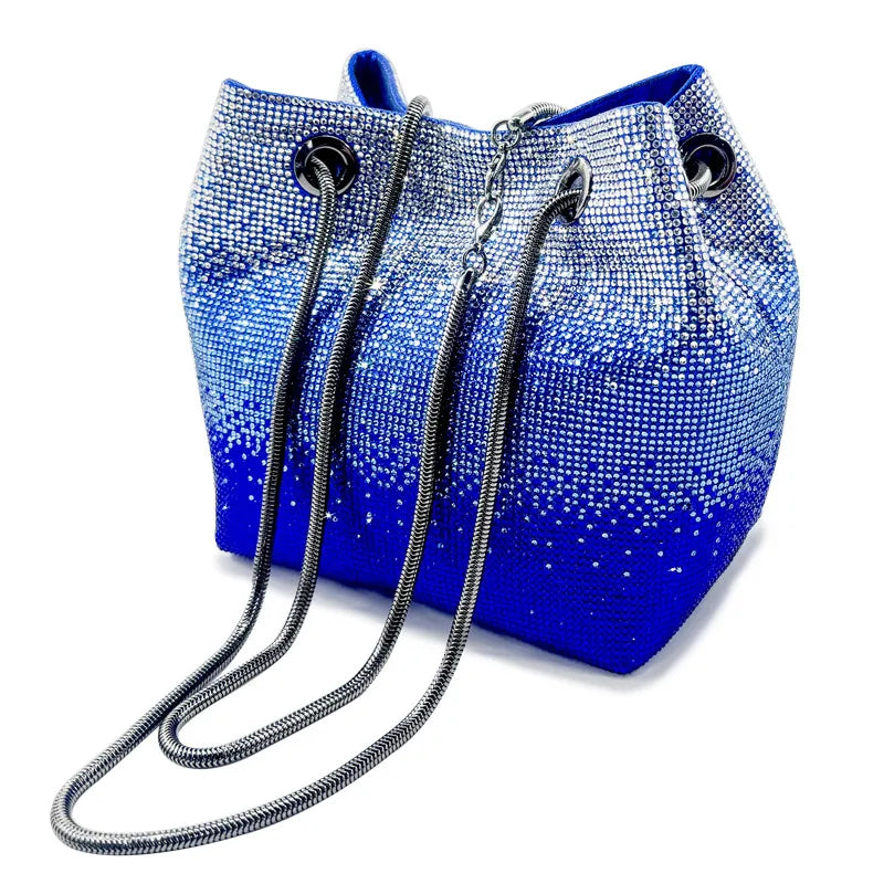 Green Pink Pu Leather Gradient Color Rhinestone Bucket Evening Bags