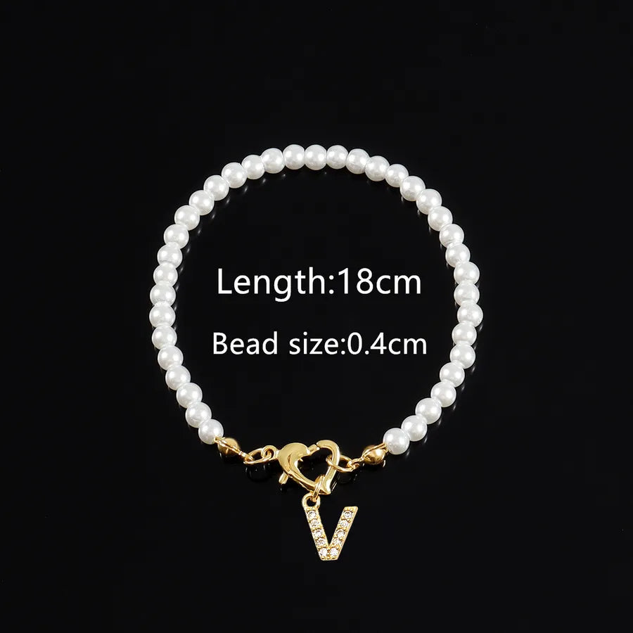 Elegant Classic Style Letter Heart Shape Zircon Artificial Pearl Copper Beaded Chain Beaded Bracelets Wholesale