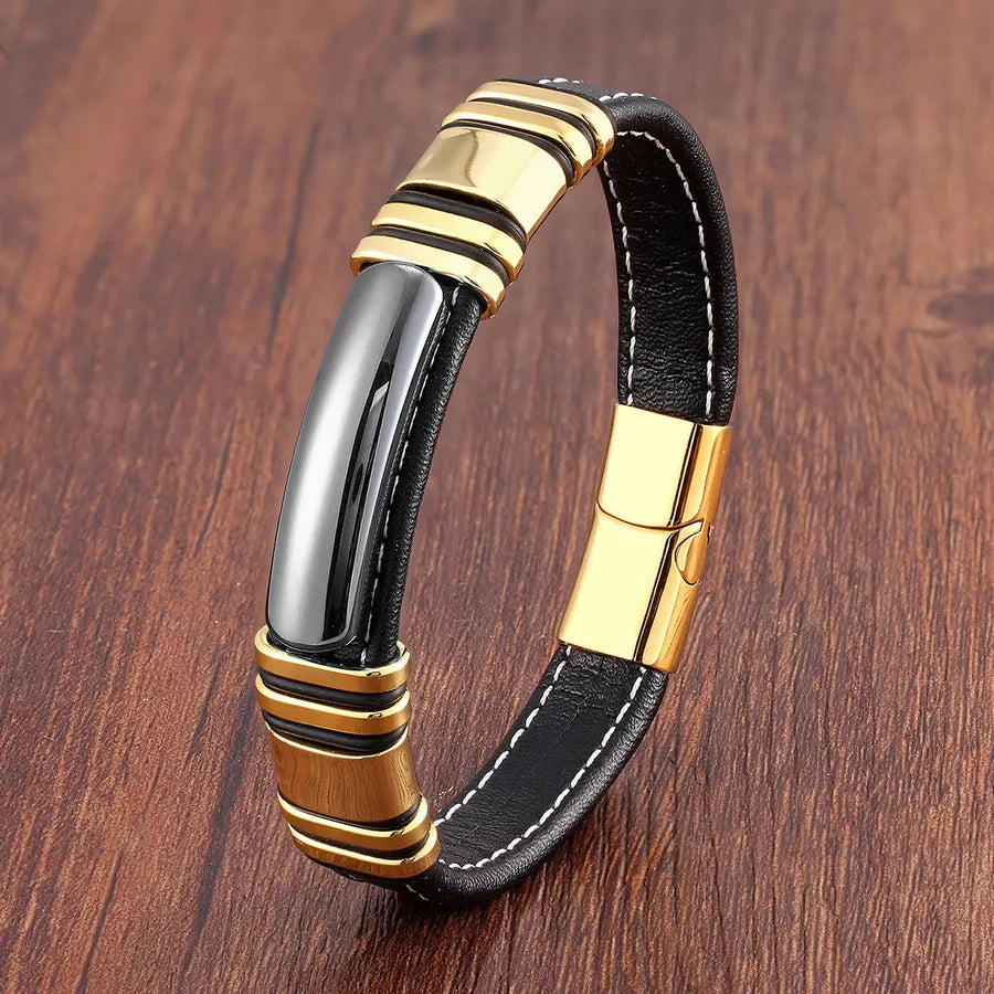 hip-hop punk rectangle pu leather stone metal handmade metal button men's bracelets