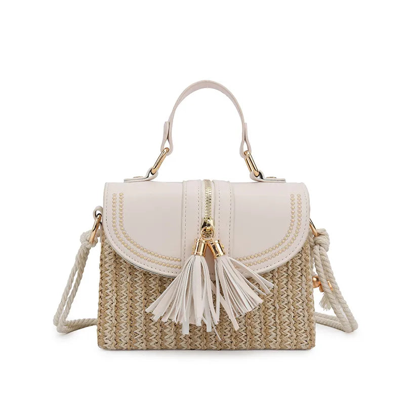 Women's PU Straw Splicing Vintage Style Vacation Square Magnetic Buckle Handbag Crossbody Bag