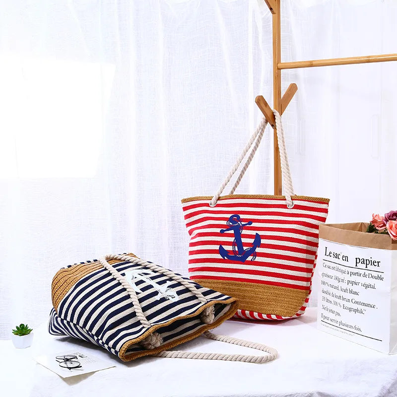 Women's Large Canvas Stripe Beach Open Underarm Bag