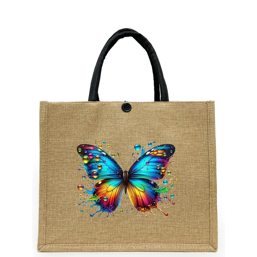 Women's Linen Flower Butterfly Elegant Square Buckle Tote Bag