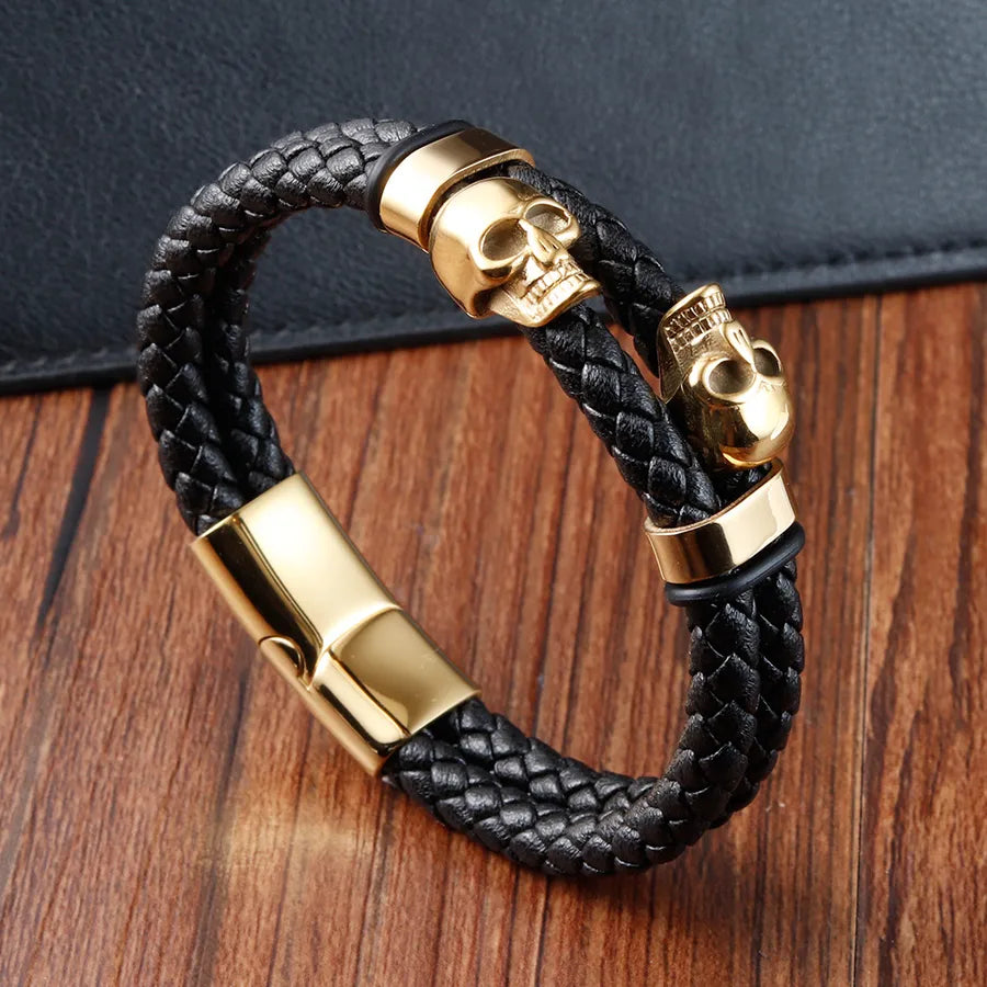Vintage Style Classic Style Skull 316L Stainless Steel  Pu Leather Woven Chain Wrap Bracelets Wholesale