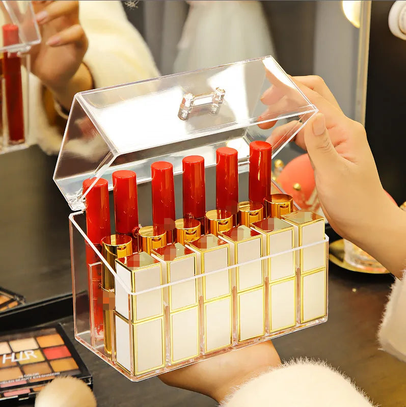 Internet Red Lipstick Storage Box Dustproof Desktop Lip Glaze Multi-Grid Cosmetic Lipstick Rack Storage and Fidelous Box Transparent with Lid