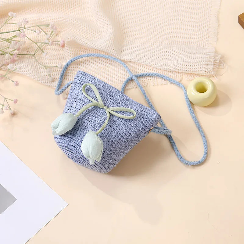 Summer Beach Seaside Tulip Straw Woven Bag  New Children Flower Straw Bag Mobile Phone Crossbody Bag