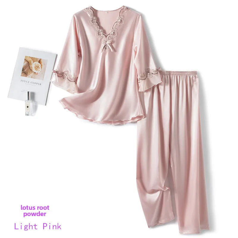 Large Size Spring and Autumn Elegant Thin Seven-point Sleeve Silk-like Women's Suit Embroidered Lace Two-piece Home Clothes